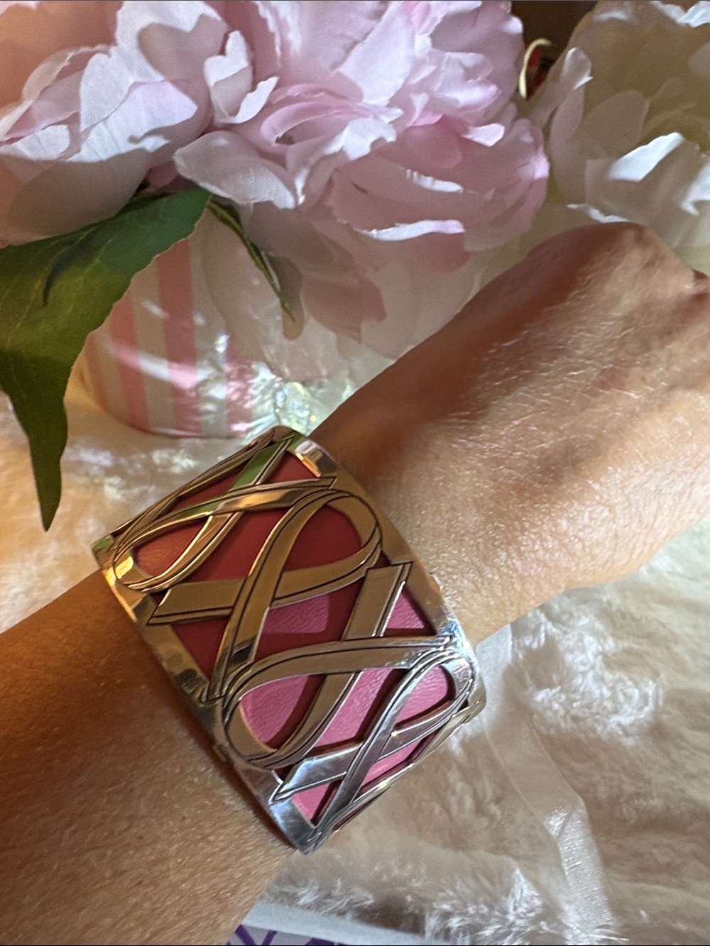 Brighton Cristo- Style cuff Pink and Snake skin. Reversible leather. Wear 3 ways